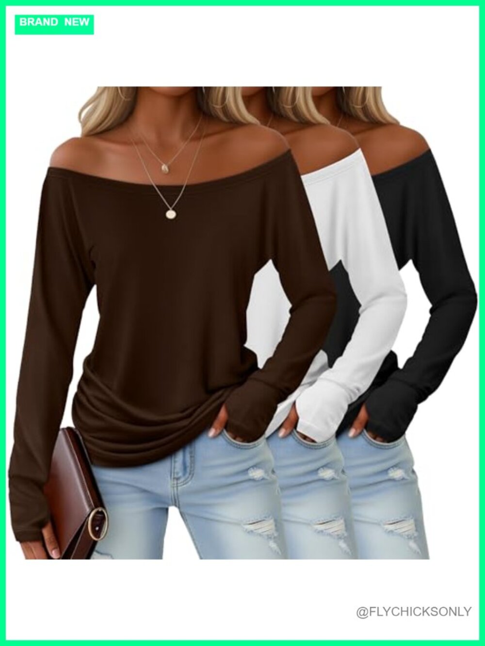 3 Pack Womens Off The Shoulder Boat Neck Long Sleeve Thumbhole Top